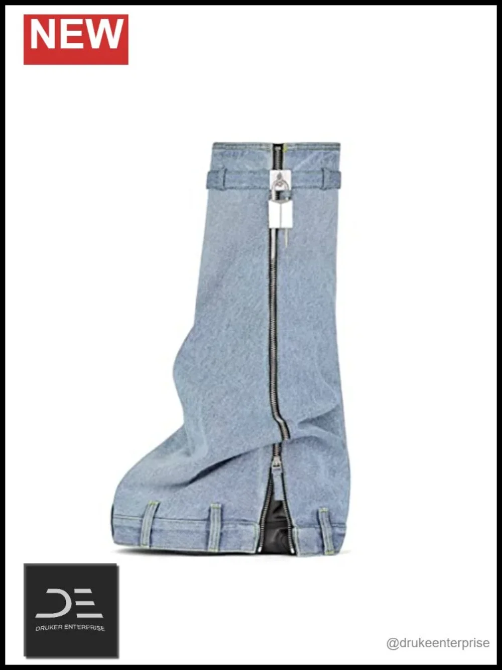 Platform Denim Knee High Fold Over Boots with Padlock 6cm Heel